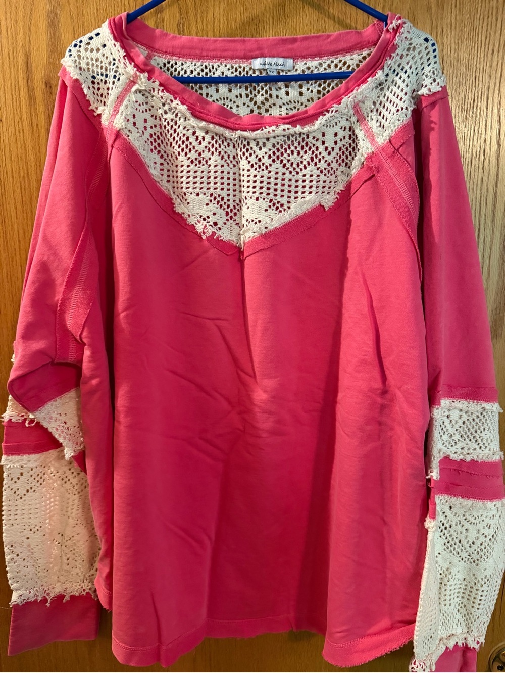 white birch Pink Pullover with Cream Crochet Trim